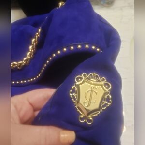 Blue Suede Bag with Gold Chain and Emblem